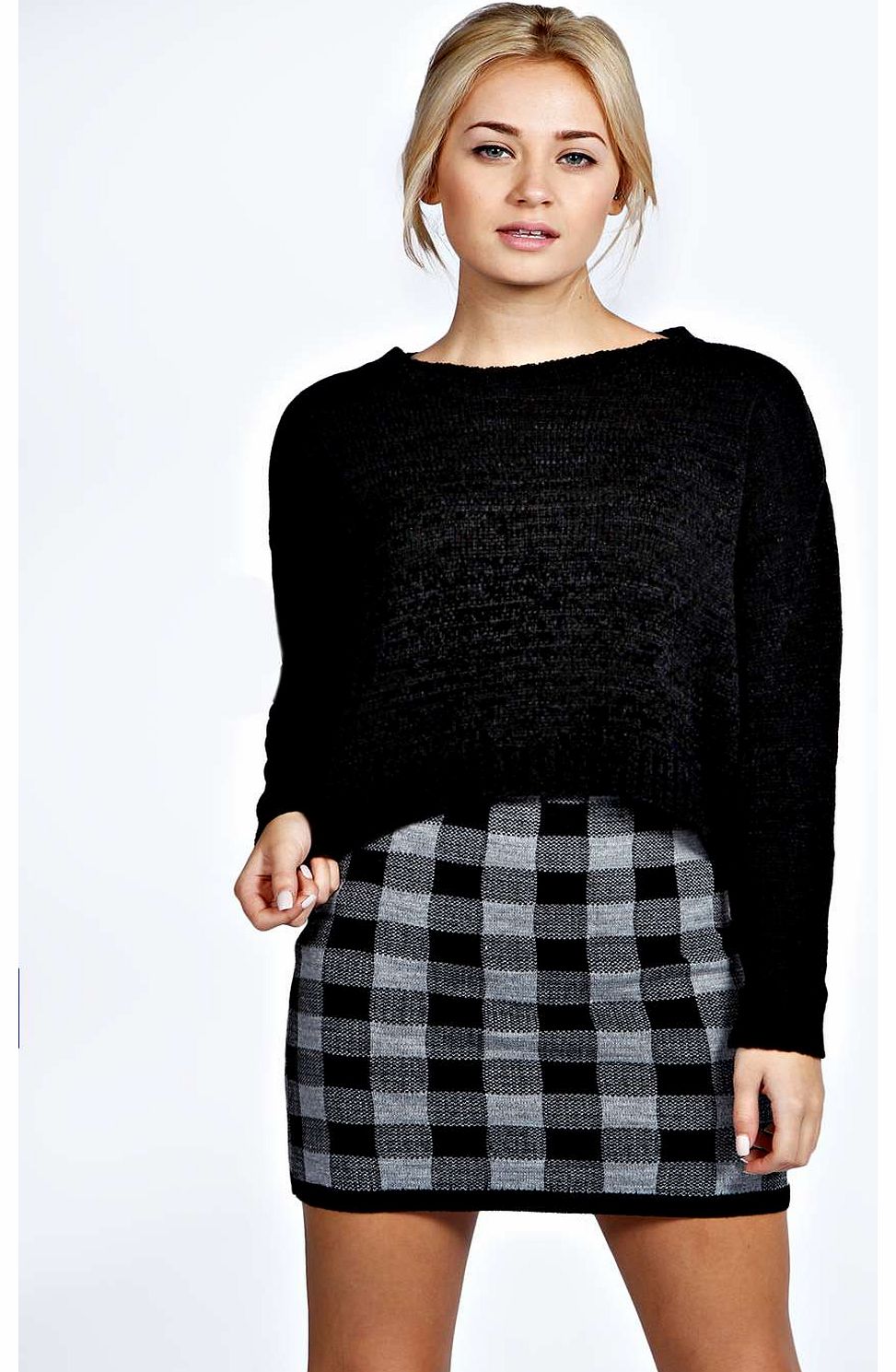 boohoo Rosie Knitted Checked Mini Skirt - black azz18594