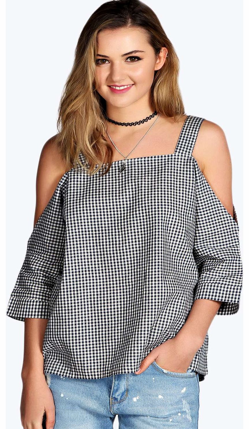 Sadie Gingham Cut Out Shoulder Top - blue azz16439