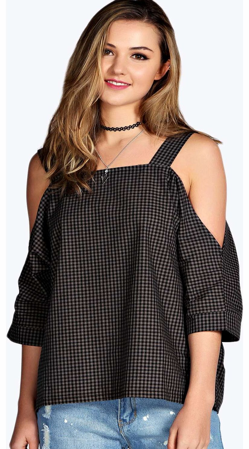 Sadie Gingham Cut Out Shoulder Top - grey azz16439