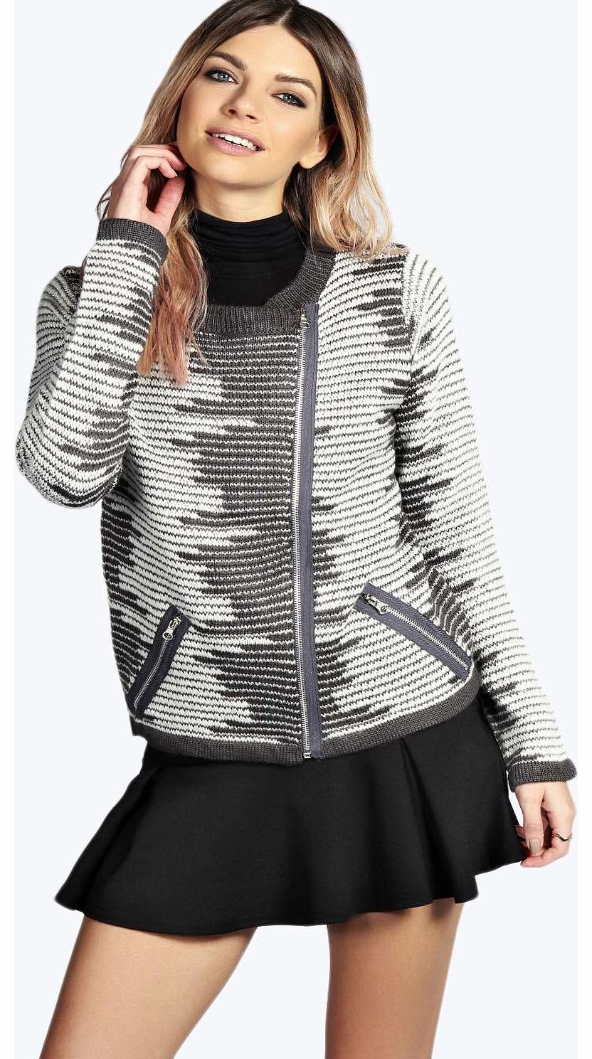 Sara Stripe Biker Cardigan - grey azz14377