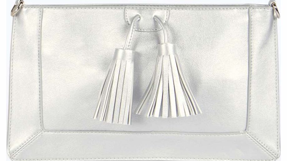 Sophia Tassel Front Oversize Clutch Bag - silver