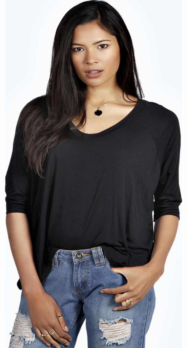 Summer Oversized V Neck 1/2 Sleeve Top - black