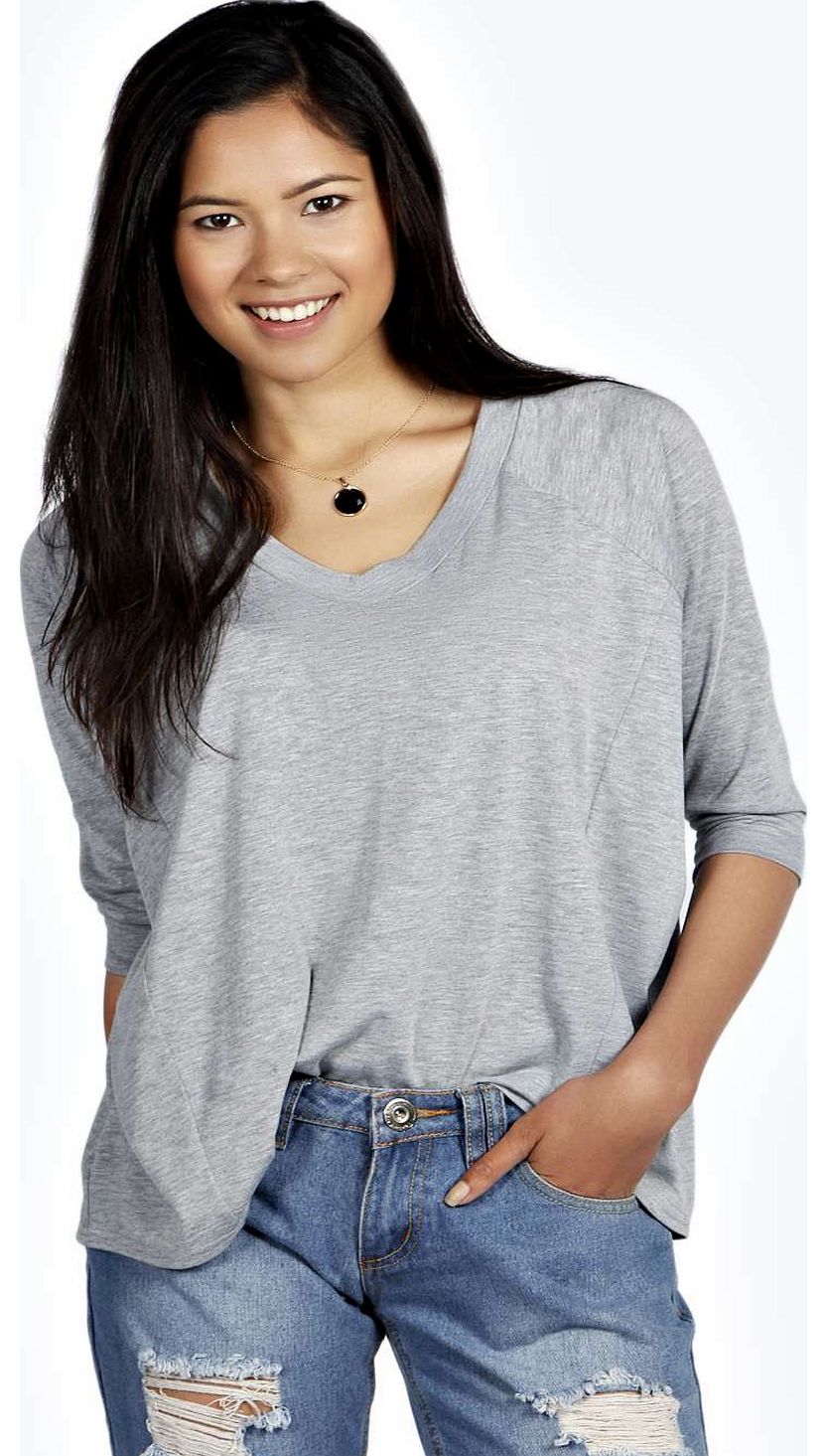 Summer Oversized V Neck 1/2 Sleeve Top - grey