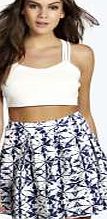 boohoo Tile Print Box Pleat Skater Skirt - blue azz01910