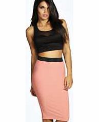 boohoo Waffle Contrast Waistband Midi Skirt - salmon