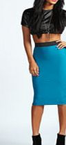 boohoo Waffle Contrast Waistband Midi Skirt - teal