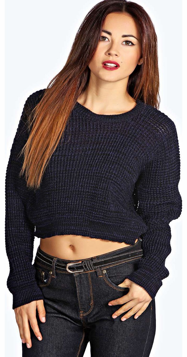 Zera Marl Knit Crop Batwing Jumper - navy azz18608