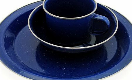 Blue Enamel 6 pc set Plate Bowl Cup Camping Caravan Outdoor