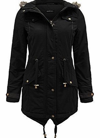  LADIES FUR OVERSIZED HOOD FISHTAIL JACKET PADDED PARKA COAT BLACK 18