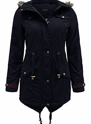  LADIES FUR OVERSIZED HOOD FISHTAIL JACKET PADDED PARKA COAT NAVY 16