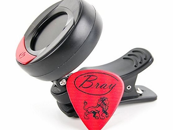 Bray Chromatic Black Clip On Electric Guitar Tuner Fender, Rockburn, Encore, Jaxville, Stagg amp; Lindo Guitars With Rubber Padded Clamp Attachment - Bonus Bray Guitar Pick amp; Battery Included