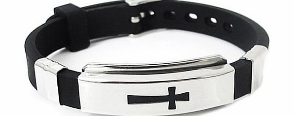 Broadfashion Fashion Mens Cross Stainless Steel Bracelet Black Rubber Bangle