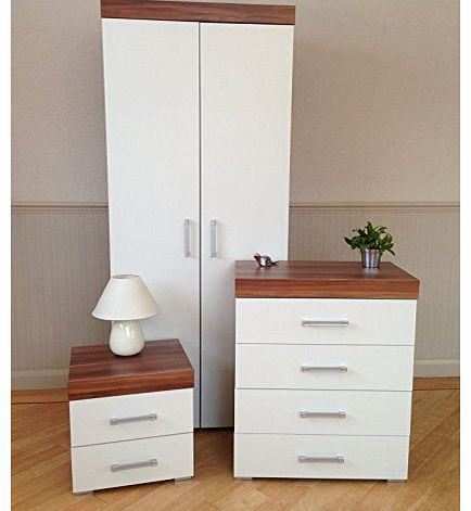 Broadway Warehouse Kansas Bedroom Set - 2 Door Robe, 4 Drawer Chest, 2 Drawer Bedside Chest (White and Walnut)