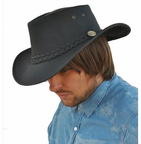 BUTE HAT COMPANY BLACK LEATHER AUSTRALIAN BUSH HAT (59CM LARGE 7 1/4``)