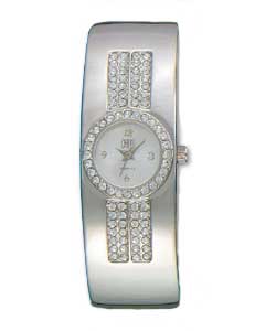 Carvel Ladies Chrome Colour Stone Set Bangle Watch