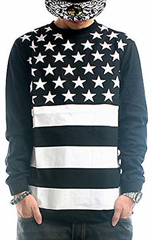 QIBO Mens Fashion Street Stars Print Round Neck Long Sleeve T-Shirt L Black