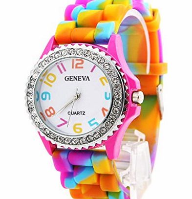 CHIC*MALL New Geneva Rainbow Crystal Rhinestone Watch Silicone Jelly Link Band