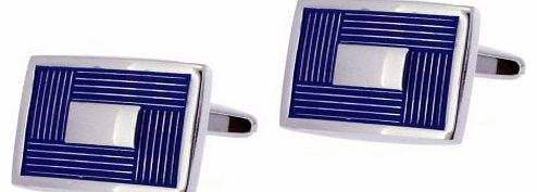 Code Red Base Metal Rhodium Plated Rectangular Cufflinks with Blue Enamel Border Design