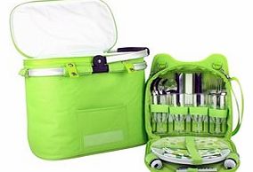 Confidence Camping Picnic Basket Hamper Bright Green Polkadots Inc Plates, Cutlery, Accs