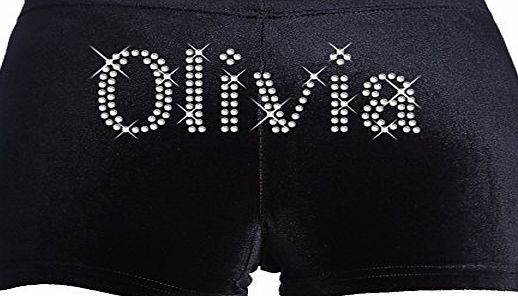 CrystalsRus 12-14 Years BLACK PERSONALISED GYMNASTICS LEOTARD DANCE SHORTS In Stretch velvet