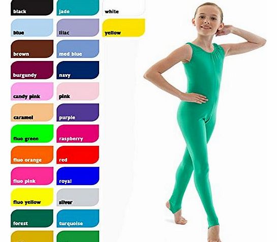 Dance Gear Girls Sleeveless Plain Dance Gymnastics Stirrup Catsuit Unitard Shiny Nylon Lycra By Dance Gear (NICOLA) - Fluorescent Pink - Size 3A (Age 11 - 13)