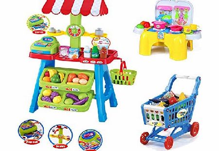 Large Set of 108 Pieces Childrens Market Stall & Shopping Trolley Basket Play Food Set Toy Shop Kitchen