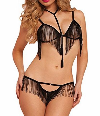  Womens Foxy Fringe Triangle Bra & Panty Set One Size Black