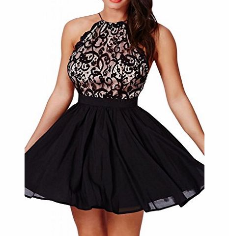 Dear-lover Womens Cross Back Lace Detail Party Skater Dress Medium Size Black