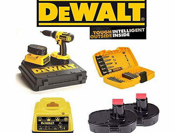 DeWalt  DC725 Cordless 18v Volt Combi Hammer Drill With 2 x Batteries DE9098, 1 Hour Charger DE9116 amp; 21 Piece Dewalt Accessory Kit