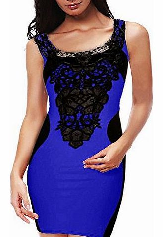 DJT Women Celeb Style Floral Lace Contrast Cocktail Party Evening Bodycon Panel Tea Dresses Black Blue Size M