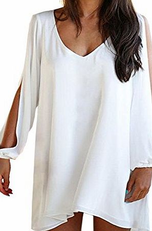 Women Sexy V-Neck Batwing Hollow Out Long Sleeve Loose Swing Chiffon Blouse Shirt/Top/Blouse/Mini/Short/Dress White Size M