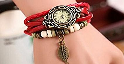 Domire Fashion Accessories Trial Order New Quartz Fashion Weave Wrap Around Leather Bracelet Lady Woman Leaf Wrist Watch,Red