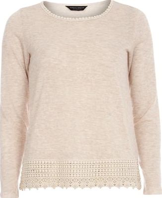 Dorothy Perkins, 1134[^]262015000707858 Womens Beige lace trim jersey knit Top- Beige