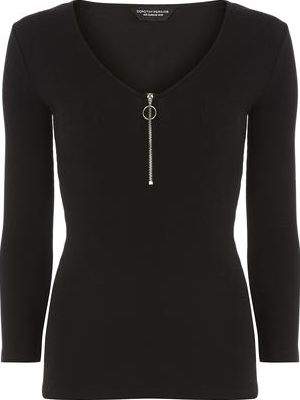 Dorothy Perkins, 1134[^]262015000714211 Womens Black Rib Zip V Neck Top- Black DP56453110