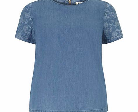 Womens Floral Sleeve Denim Tee- Blue DP70284924