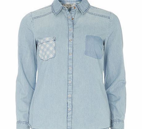 Dorothy Perkins Womens Gingham Pocket Denim Shirt- Blue DP12301841