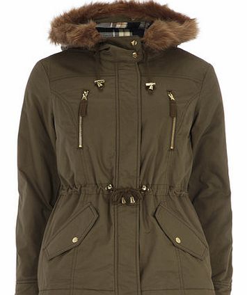 Womens Khaki Check Hood Short Parka Jacket-