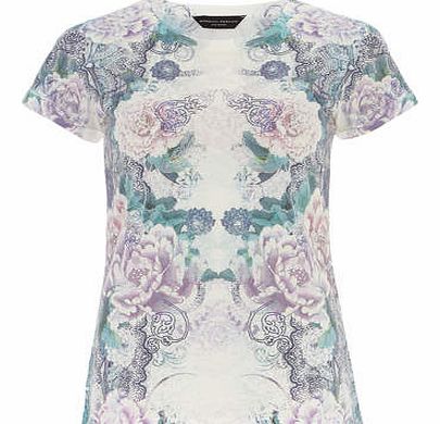 Womens Mirror floral print bling tee- Blue