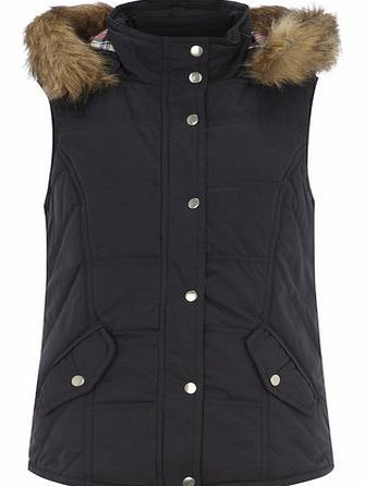 Womens Navy Faux Fur Trim Gilet- Blue DP92266623