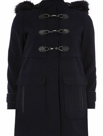 Womens Navy Plush Faux Fur Duffle Coat- Navy