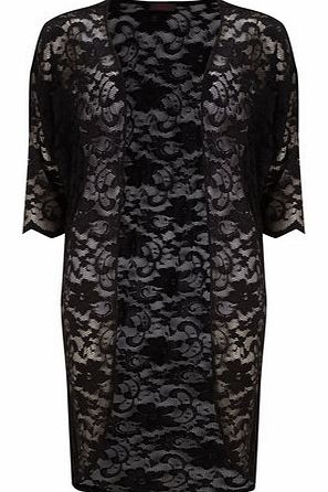 Womens Petals Black Lace Long Kimono- Black