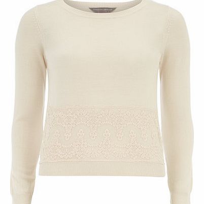 Womens Petite Cream lace hem jumper- Oyster