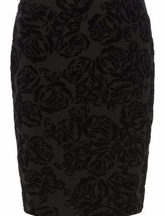 Womens Petite flocked pencil skirt- Black