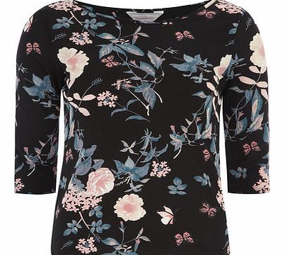 Dorothy Perkins Womens Petite printed 3/4 sleeve tee- Black