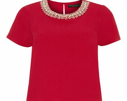 Womens Pink Embellished Crepe Tee- Fuchsia