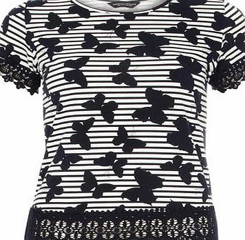 Dorothy Perkins Womens Stripe Butterfly Lace Hem Tee- Navy