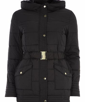 Womens Tall Black Belted Puffa Jacket- Black