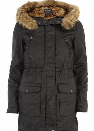 Womens Tall Black Faux Fur Parka Jacket- Black