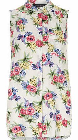 Womens Tall Floral Sleeveless Shirt- White