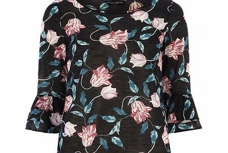 Womens Tulip Print Frill Cuff Top- Black